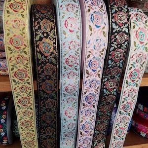 Metallic rose jacquard fabric trim, 1 1/2 inch wide, sold by the yard.