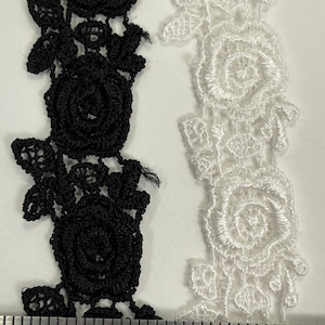 Rose venise lace galloon, ivory or black fabric trim, sold by the yard.