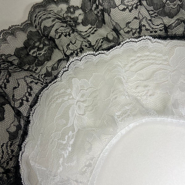 4 inch embroidered ruffle lace,  2 colors, sold by the yard.