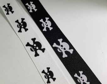 Skulls Halloween, skull and cross bone grosgrain fabric trim, 5/8 inch wide, sold by the yard.