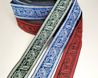 Beastie Celtic medieval Woven jacquard fabric trim, 1 3/8 inch wide, sold by the yard.