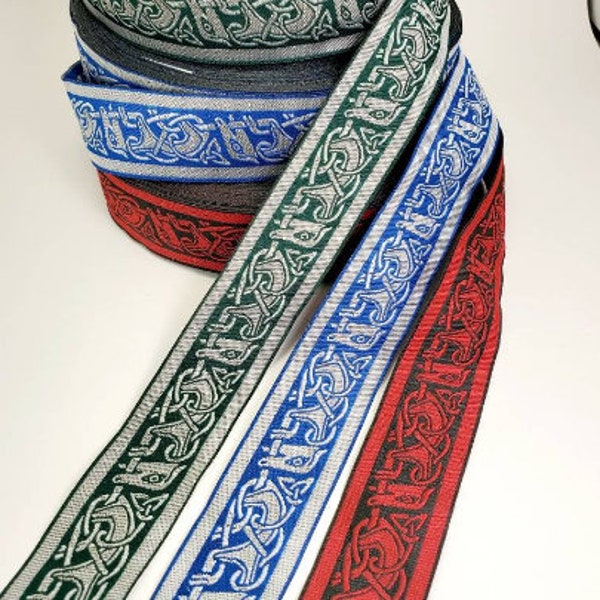 Beastie Celtic medieval Woven jacquard fabric trim, 1 3/8 inch wide, sold by the yard.