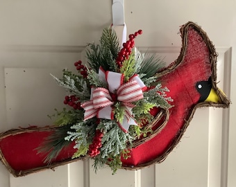 Cardinal wreath hanger, door wreath, front door wreath, winter wreath, cardinal, front porch decor, wall decor, cardinal decor wreath