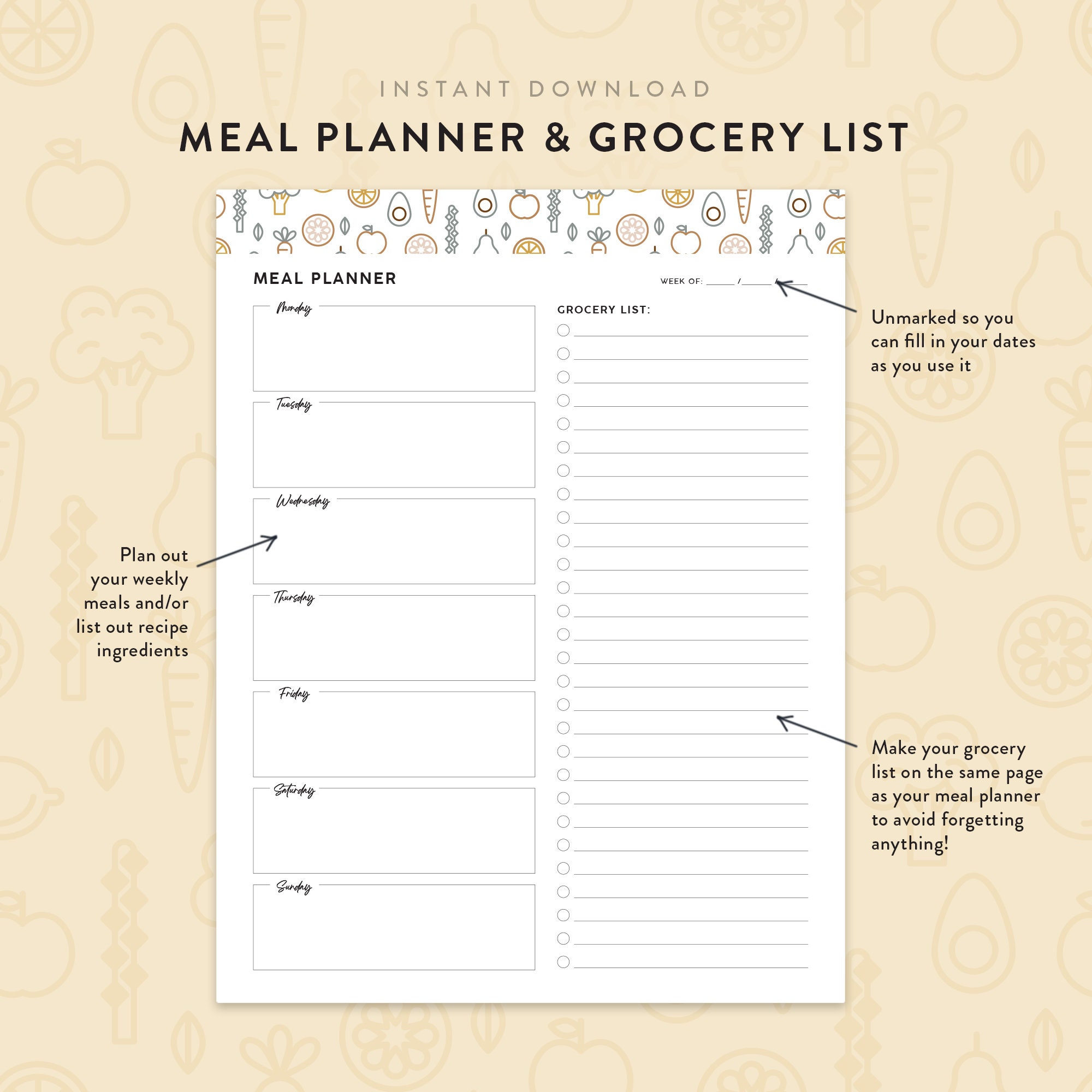 Printable Meal Planner and Grocery List - Etsy