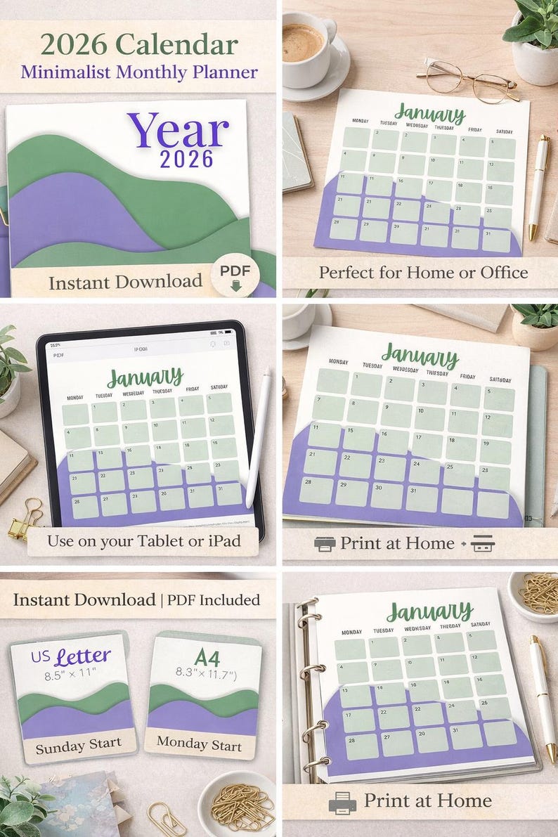2026 Monthly Calendar Printable | Minimal Pastel Planner PDF | Instant ...
