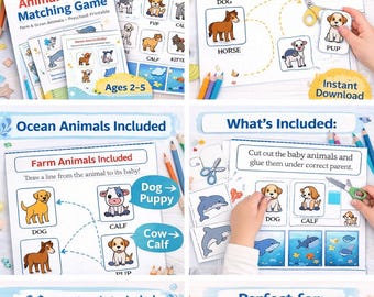 Afdrukbare game voor dieren en baby's | Boerderij- en oceaandieren voorschoolse thuisschoolactiviteit