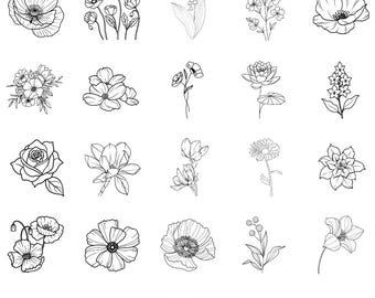 Paquete SVG de contorno de flores / Clipart de arte lineal floral PNG Jpg Pdf para Cricut