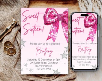 May include: A pink Sweet Sixteen invitation with a large sequined bow graphic. The invitation includes the text "Sweet Sixteen!" and event details, along with a matching digital invitation on a smartphone.