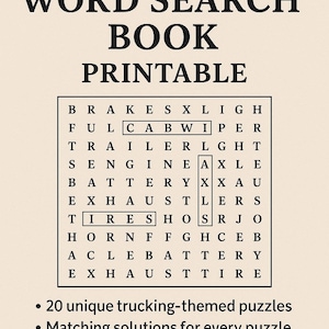 Könnte beinhalten: Ein druckbares Trucking-Wortsuchbuch. Der schwarze Text auf beigem Hintergrund enthält den Titel, ein Wortsuchgitter und Aufzählungspunkte. Das Gitter enthält Wörter wie "TIRES" und "AXLE".