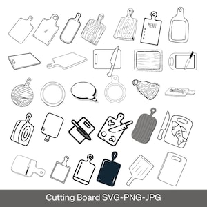 May include: A collection of black and white line art illustrations of various cutting boards. Designs include rectangular, round, and paddle-shaped boards, some with handles, knives, and food illustrations. The text "Cutting Board SVG-PNG-JPG" is at the bottom.