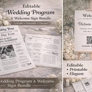 May include: A wedding program and welcome sign bundle. The program is designed to look like a newspaper, with the headline "The Best Day Ever." The welcome sign is on a small easel and includes a QR code.