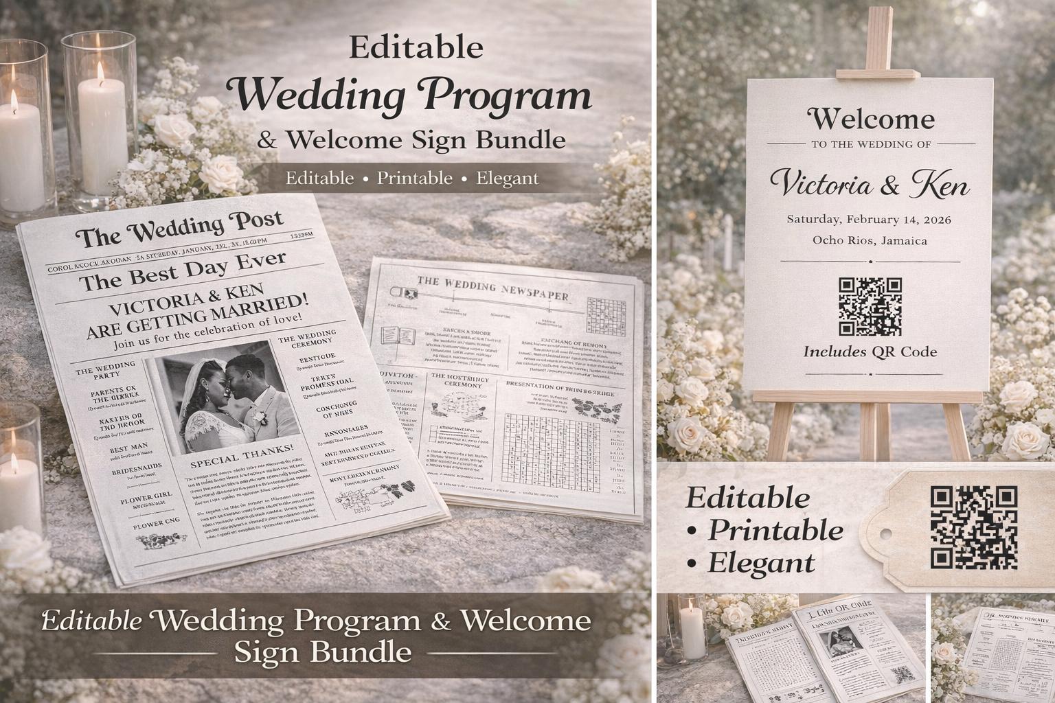 Editable Wedding Program & Welcome Sign Bundle | Printable Ceremony ...