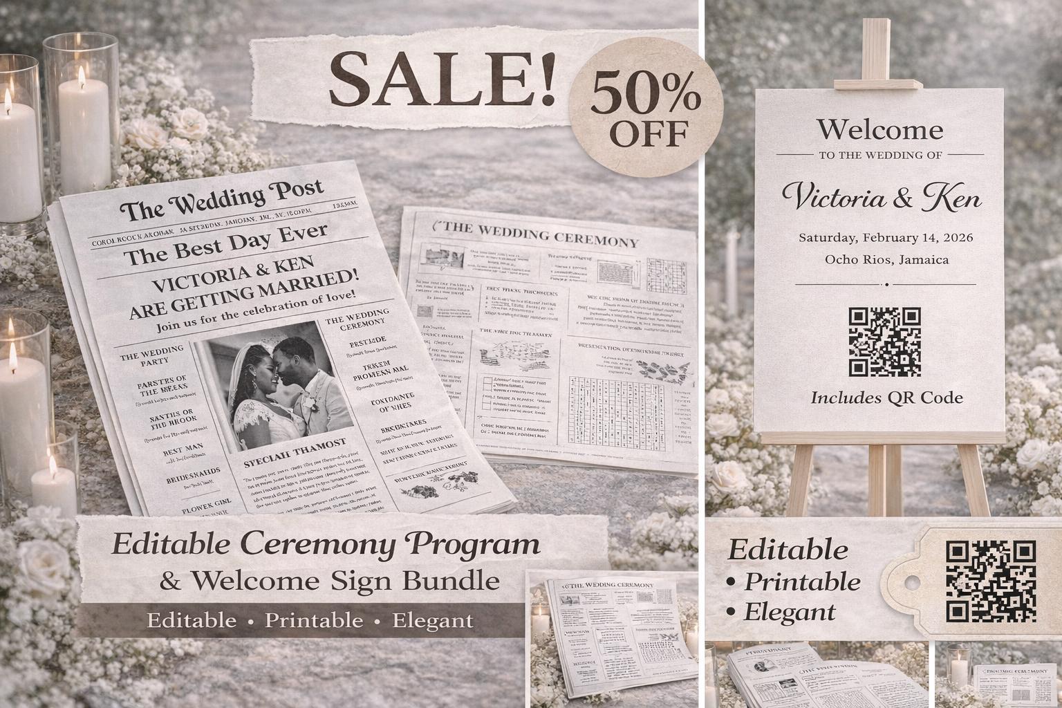 Editable Wedding Program & Welcome Sign Bundle | Printable Ceremony ...