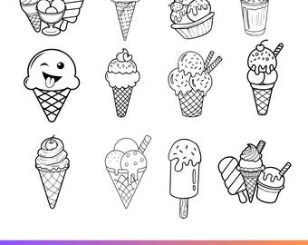 Ice Cream Clipart Bundle | 12 Dessert SVG PNG JPG | Cute Line Art Ice Cream Cones for Cricut, Stickers & Coloring Pages