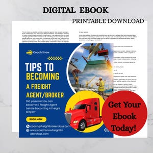 Könnte beinhalten: Ein digitales E-Book mit dem Titel "Tipps zum Werden eines Frachtagenten/Brokers" mit einer roten Sattelzug-Grafik. Das E-Book ist ein druckbarer Download und enthält den Text "Holen Sie sich noch heute Ihr E-Book!"