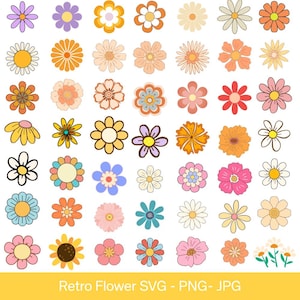 Puede incluir: Una colección de diseños de flores retro coloridas en varias formas y colores, incluyendo naranja, amarillo, rosa y azul. La imagen incluye el texto "Retro Flower SVG - PNG - JPG".