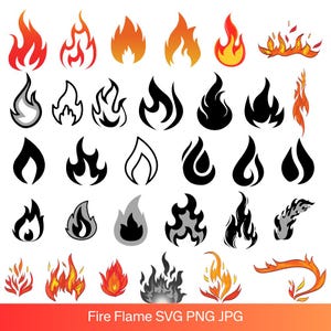 May include: A collection of fire flame graphics in various styles and colors, including red, orange, yellow, black, and gray. The flames range from simple outlines to detailed illustrations. The image includes the text "Fire Flame SVG PNG JPG".