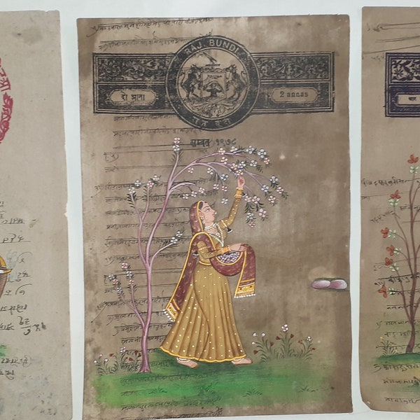 buy old stamp paper online Set of 3 Original Indian Traditional miniature painting on old Stamp paper | Indian Rajasthan School Miniature paintings | 17th Century