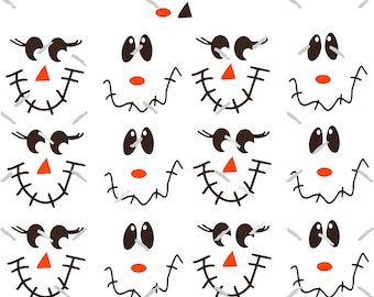 May include: A set of 12 black and orange Halloween-themed printable faces. Each face has two eyes, a nose, and a mouth with stitched lines. The faces are perfect for crafting and decorating.
