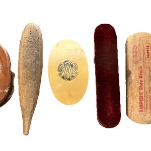 5 Vintage Brushes Lot. Shoe Shine, Cleaning And Hygiene. Wood And Velvet Handles