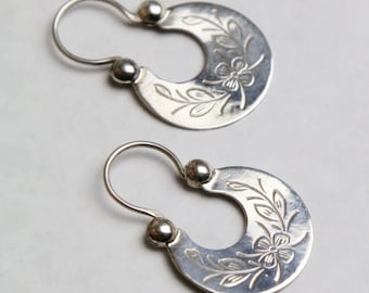 Traditional Ukrainian silver hoop crescent earrings.  ONLY HANDMADE. Made by traditional ancient technologies.Ethnic Style For everyday.