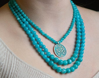 Natural aquamarine necklace with a brass "Tree of Life" pendant. Ukrainian traditional jewelry. Souvenir from Ukraine.