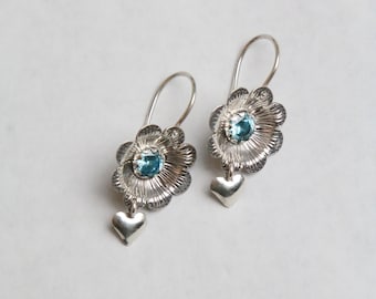 Silver handmade Earrings "flowers with hearts" with blue cubic zirconium/ Ukrainian Traditional Jewelry/ Gift For Women