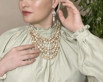 Splendid mother of pearls necklace. Natural nacre. Ukrainian traditional jewelry. Ethno style. Silver details.