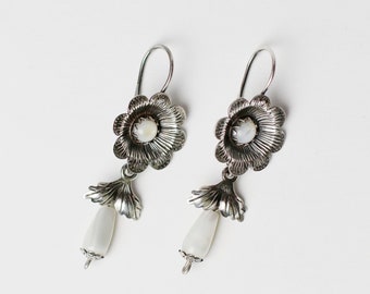 Delicate spring earrings with mother of pearl. Flower earrings. COMPLETELY HANDMADE of silver.