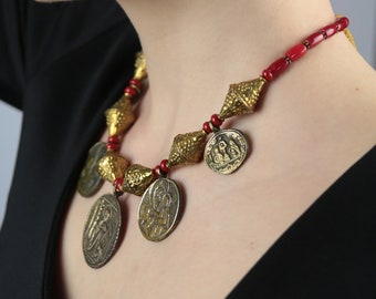Coral Necklace with brass pendants. Сopys of traditional national dukach from Ukraine. Bright necklace in ethnic style. Ukrainian souvenir.