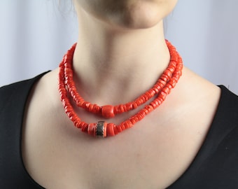 Tradition red coral necklace with handmade silver detail. Ukrainian souvenir. Ethno style for everyday.