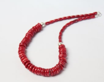 Bright red coral necklace with handmade silver details. Color that does not fade. Ukrainian traditional jewelry. Ethno style for every day.