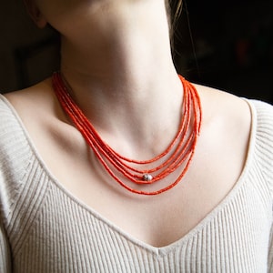 Delicate coral necklace. Ukrainian traditional jewelry. Handmade silver bead. Ukrainian souvenir.