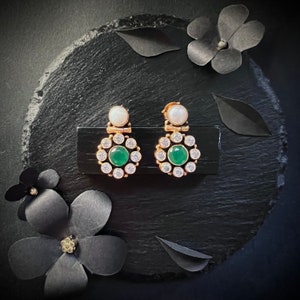 Vibrant Emerald and Pearl Earrings in 22k Gold-plated Sterling Silver