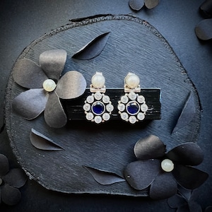 Twilight Blue Sapphire and Sparkling White Crystals with Iridescent Pearls in Sterling Silver Earrings