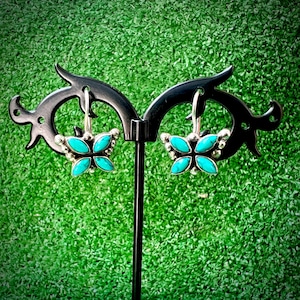 Antique-Inspired Silver Butterfly Earrings with Turquoise Accents