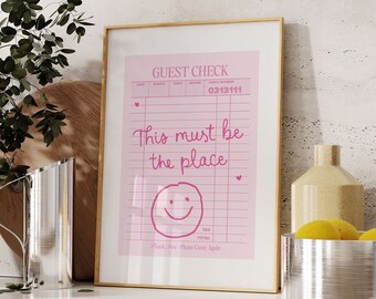 Pink Guest Check Print, Smiley Face, Trendy Wall Art (Digital Download)