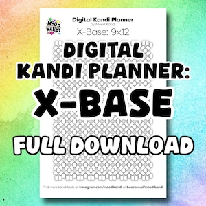 May include: A white digital planner titled "Digital Kandi Planner: X-Base" with the text "Full Download" in bold black letters. The planner is by Mood Kandi and is 9x12 inches. The background is a gradient of teal, pink, and yellow.