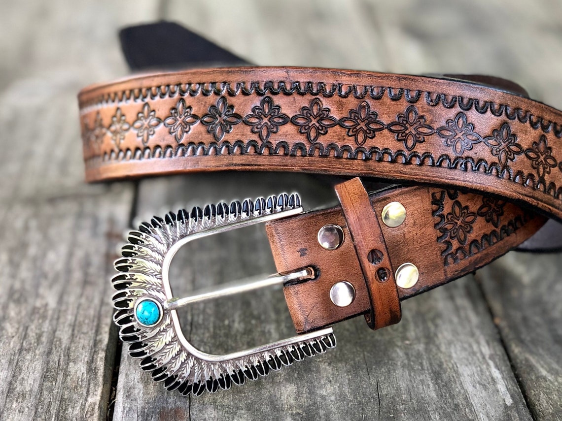 Hand Tooled Leather Belt Womens Western Leather Belt Brown Etsy