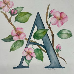 Letra "A" original en acuarela con flor de manzano