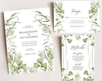 Green Botanical Wedding Invitations A5 with envelope  - Romantic classic English wedding- calligraphy event