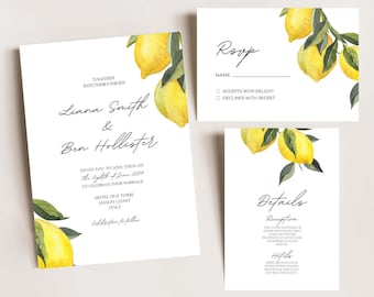 Lemon Tropical Wedding Invitation A5 and envelope - Summer Garden Party Beach - calligraphy wedding invitation