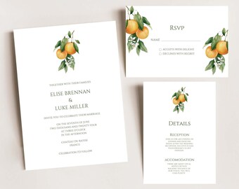 Orange Wedding Invitations RSVP - Summer Tropical Beach - 4 pcs invitation suite- calligraphy event