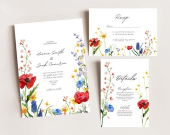 Wildflower Poppy Botanical Wedding Invitations A5 with envelope  - Romantic classic English wedding- Calligraphy event