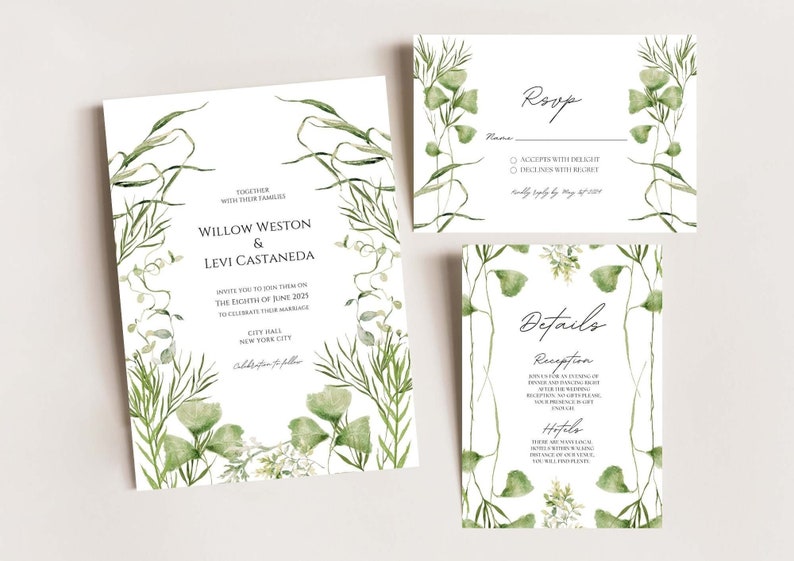 Green Botanical Wedding Invitations A5 with envelope Romantic classic English wedding calligraphy event image 1