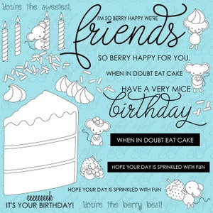 May include: A birthday card with a blue background and a white cake, candles, and mice. The card says "You're the sweetest. I'm so berry happy we're friends. So berry happy for you. When in doubt eat cake. Have a very mice birthday! When in doubt eat cake. Hope your day is sprinkled with fun. Eeeeeeeek! It's your birthday! You're the berry best!"
