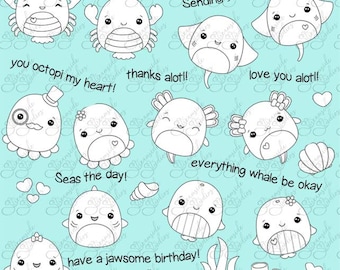 Sea Critter Squishes digi stamps, squishies png 300 dpi, squishmallows for card making