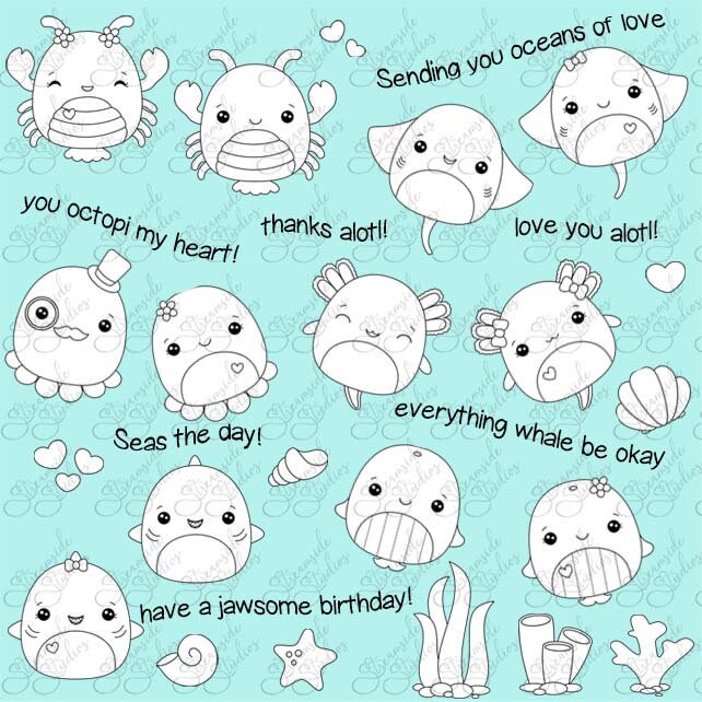 Sea Critter Squishes digi stamps, squishies png 300 dpi, squishmallows pour la fabrication de cartes