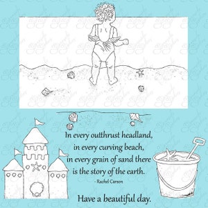 Op de afbeelding: Zwart-wit illustratie van een kind op het strand, gekleed in een badpak met vleugels. Schelpen en een zandkasteel zijn ook afgebeeld. Tekst bevat een citaat van Rachel Carson en de zin "Have a beautiful day."
