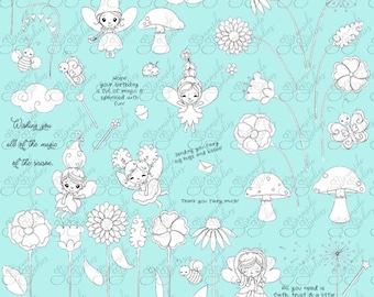 Fairy Fun digital stamp set, png set of 77, 300 dpi images, black and white images for card making